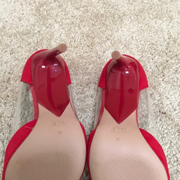 ZARA Size 36 red with vinyl pointed toe heels - Picture 7 of 8